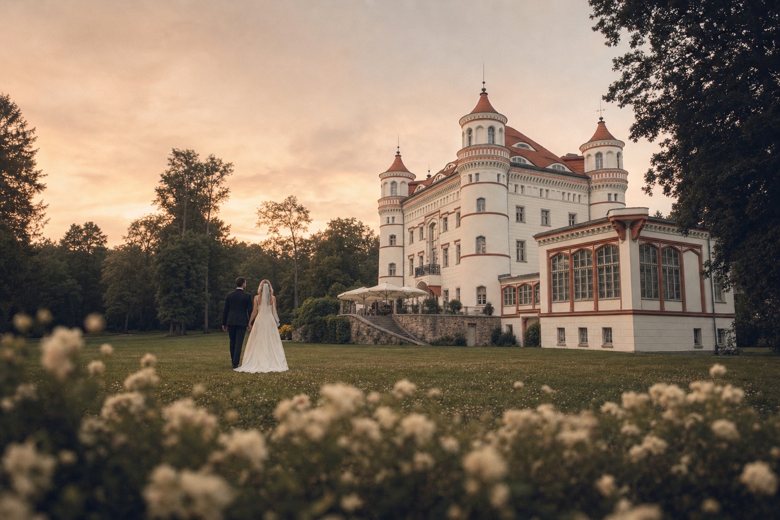 Anna i Tomasz spacerują przed Pałacem Wojanów