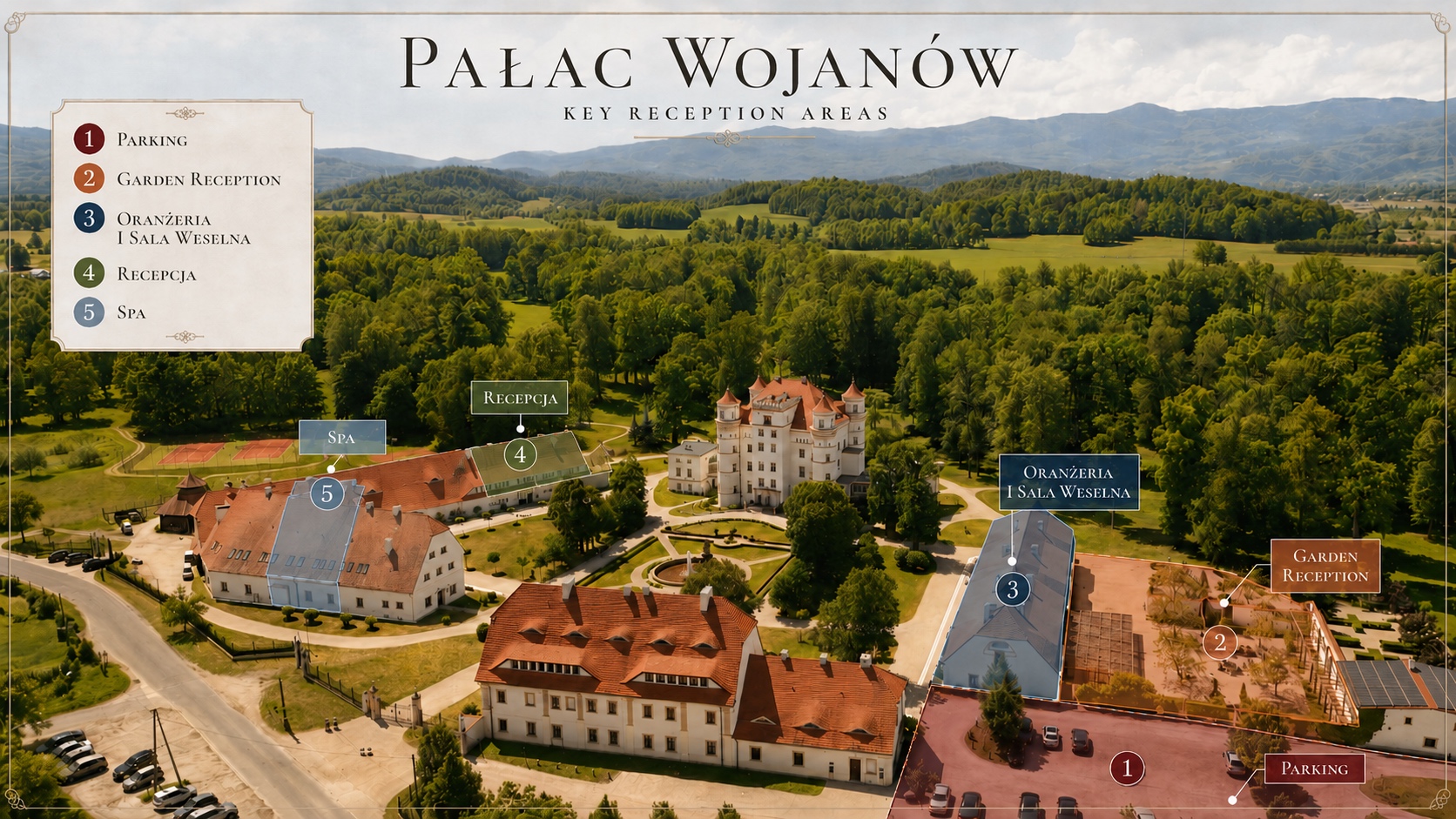Plan orientacyjny Pałacu Wojanów z oznaczeniem parkingu, garden reception, oranżerii i sali weselnej, recepcji oraz SPA