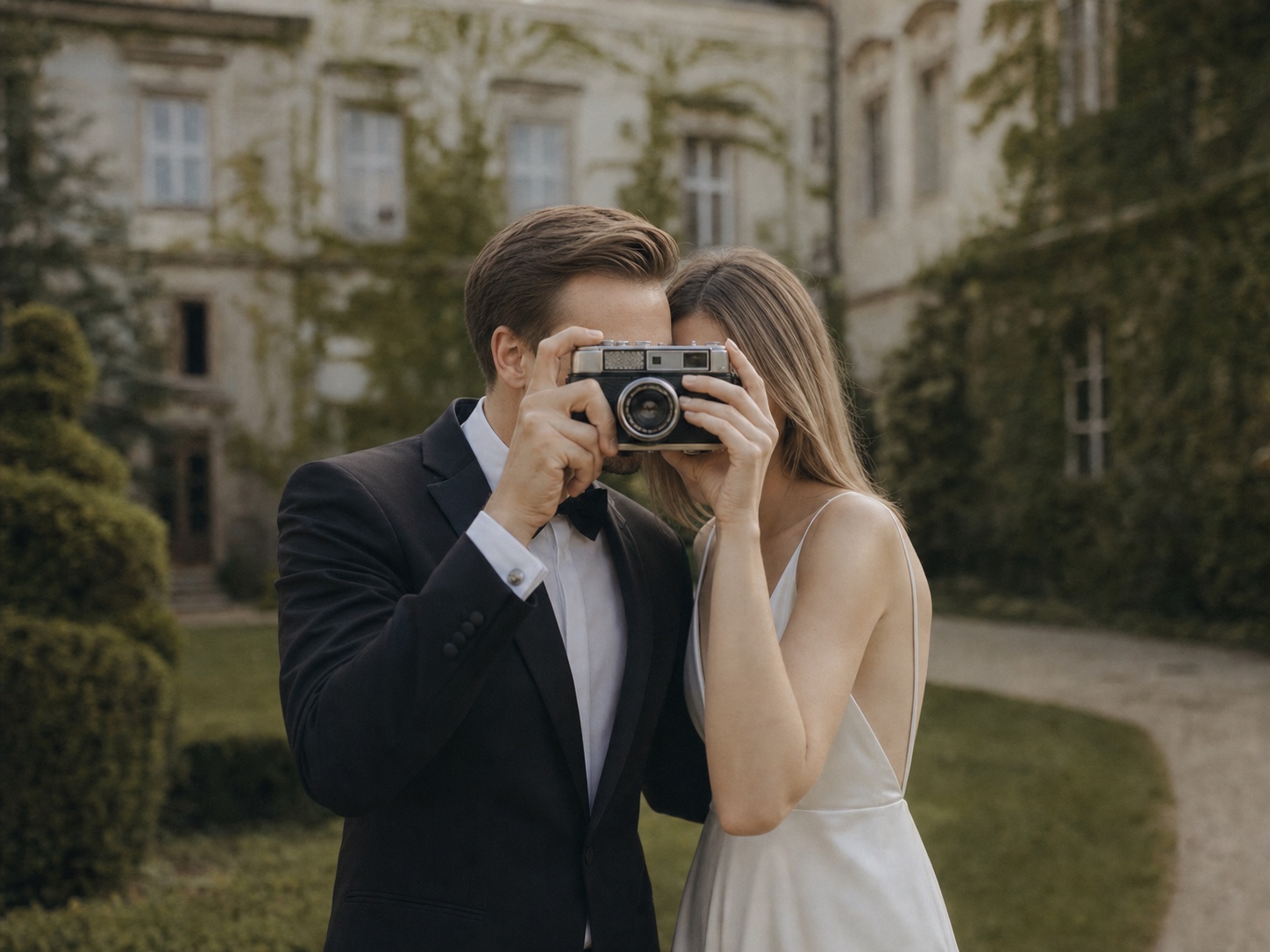 Para młoda fotografuje gości aparatem